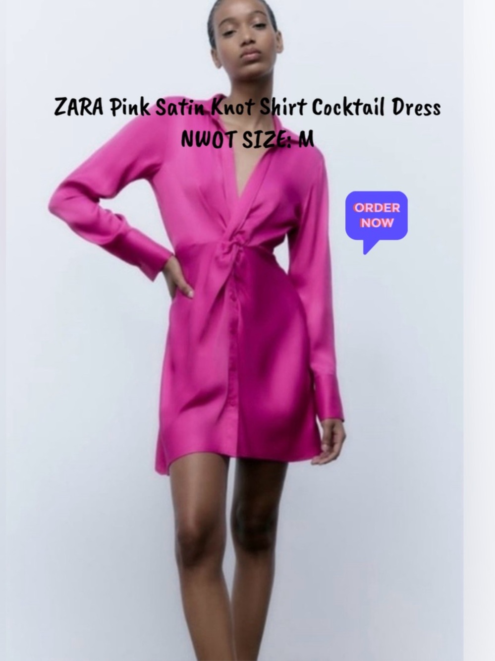 ZARA Pink Satin Knot Shirt‎ dress Cocktail Dress- NWOT